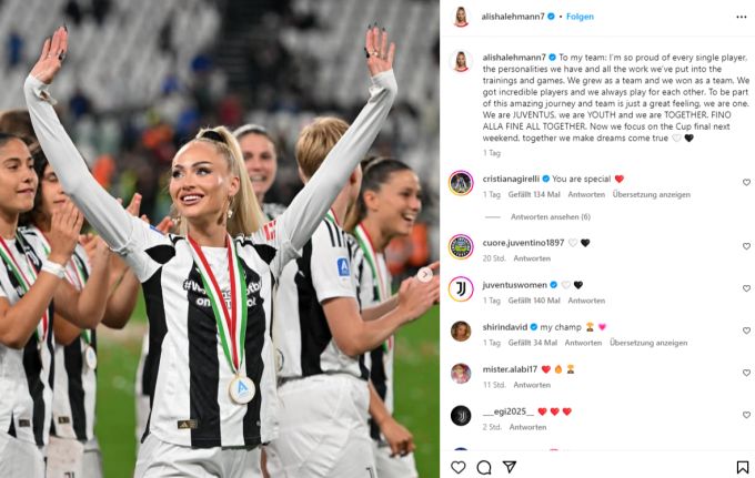 Alisha Lehmann jubelt über den Meistertitel mit Juventus. Alisha Lehmann