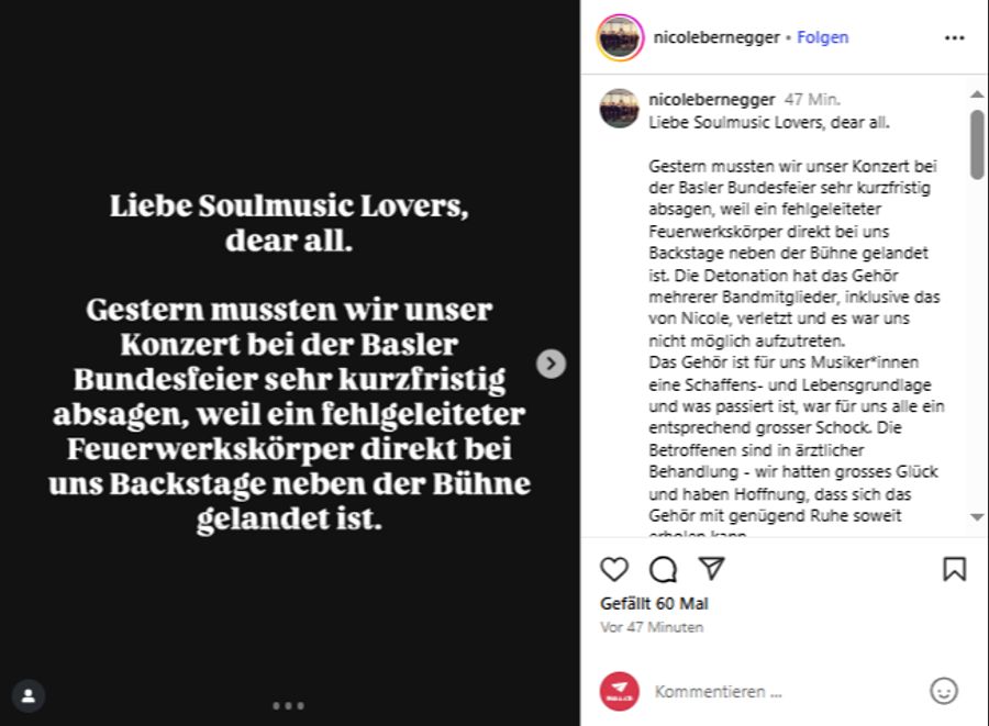 Auf Instagram meldet sich Bernegger bei ihren Fans.