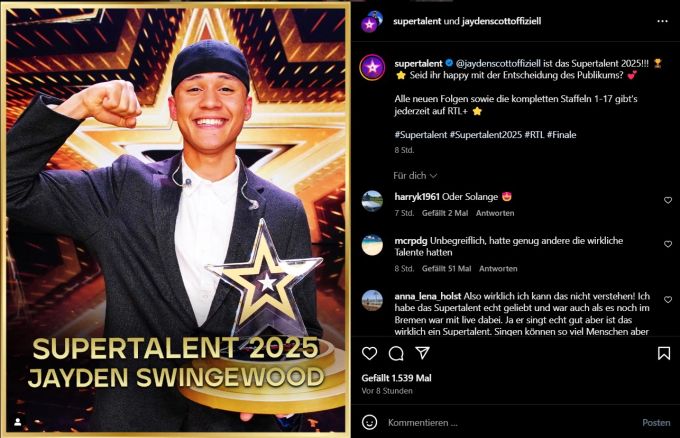 Jayden Swingewood kann sich über seine Siegprämie freuen. dieter bohlen supertalent sieger