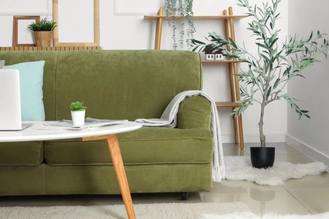 Olivgrünes Sofa, Wohnzimmer