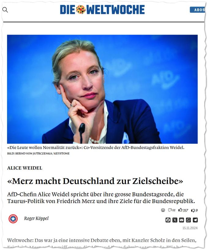 Weltwoche-Chef Roger Köppel interviewt AfD-Chefin Alice Weidel. Roger Köppel Alice Weidel