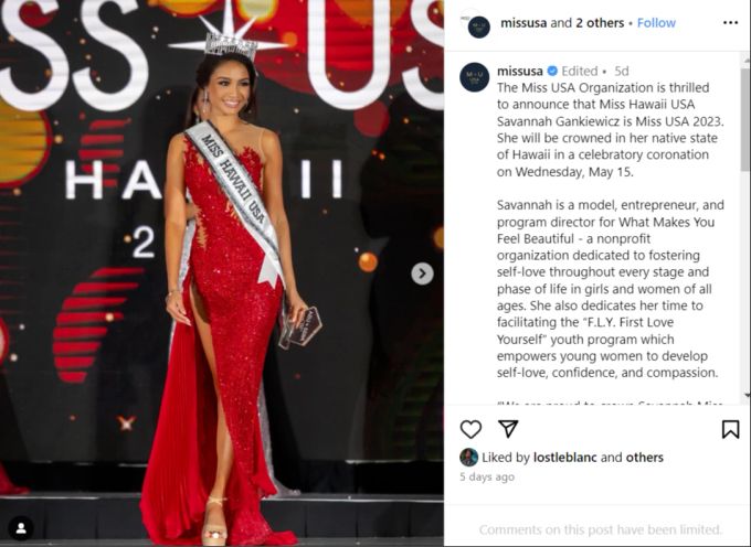 Savannah Gankiewicz aus Hawaii wird als neue «Miss USA 2023» nachrücken. Miss Wahl USA