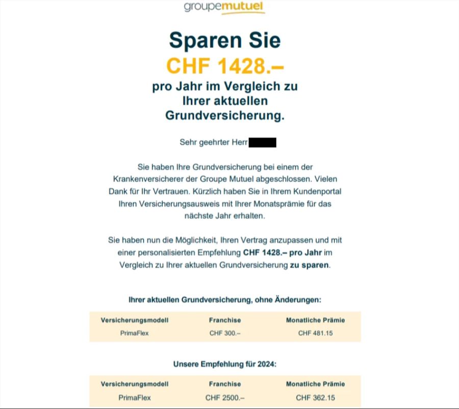 Dieses Schreiben sorgte bei einem Kunden der Groupe Mutuel für Staunen.