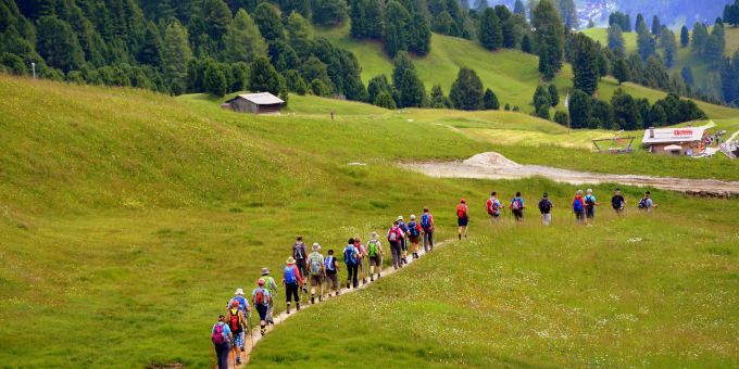 Wandern kann für die Gelenke eine Wohltat sein. Und vor allem im Sommer auch für die Seele. Wandergruppe Weg Berge Nadelbäume Hütte grün Wiese