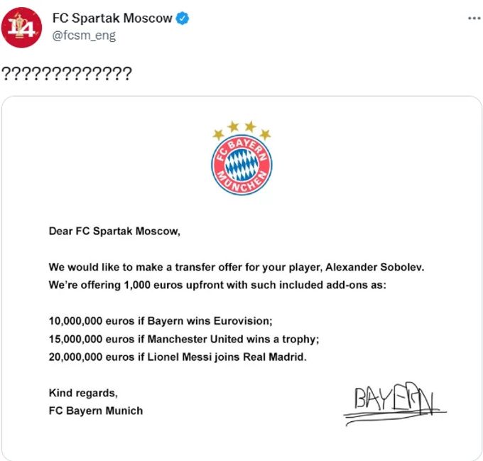 Mit diesem Fake-Angebot an Bayern München sorgt Spartak Moskau für Aufsehen. FC Bayern München