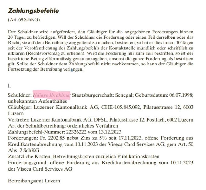 Der Zahlungsbefehl gegen Ex-FCL-Spieler Ibrahima Ndiaye. FC Luzern