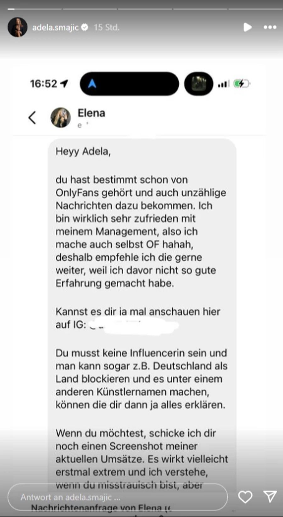 Eine fremde Frau empfiehlt Adela Smajic, ihre Fotos auf «OnlyFans» hochzuladen.