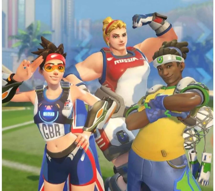 Tracer als Leichtathletikerin, Zarya als Gewichtheberin und Lucio als Fussballspieler