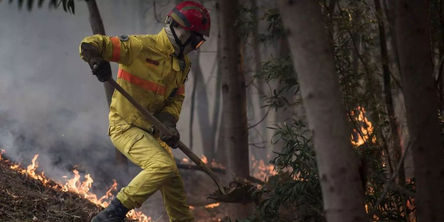 Ein Feuerwehrmann bekämpft ein Feuer auf einem Hügel ausserhalb des Dorfes Monchique in der südlichen Algarve-Region.