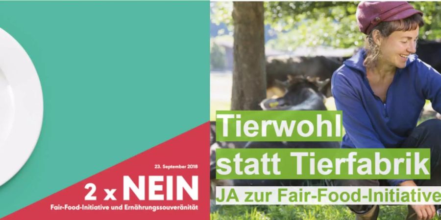 Zwei Plakate der beiden Kampagnen: Nein zur Fair Food-Initiative (l.) und Ja zur Fair Food-Initiative (r.).