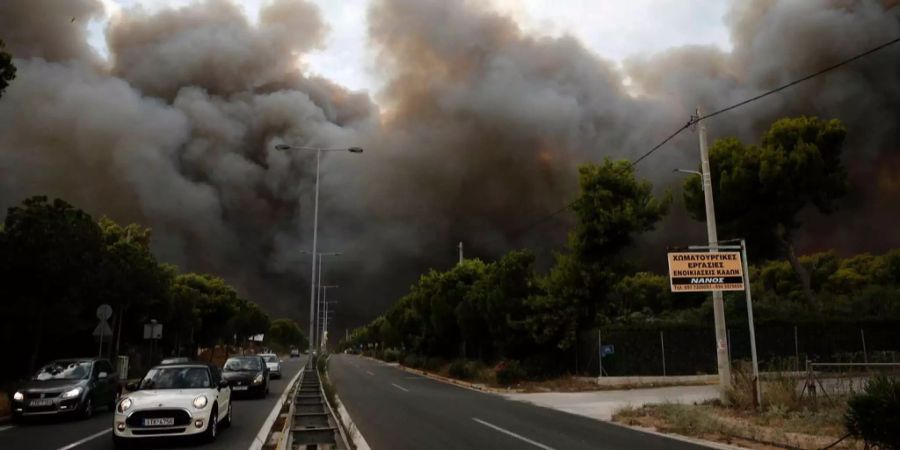 Grosse Rauchwolken türmen sich über dem Pinienwald in der Nähe Athens.