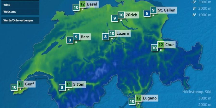 Am Sonntag schwanken die Temperaturen am Mittag und Nachmittag noch um die 10 Grad.