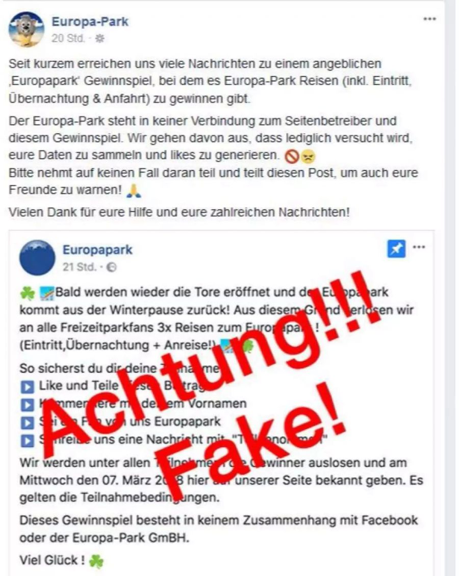 Mit diesem Facebook-Post warnt der Park-Betreiber.