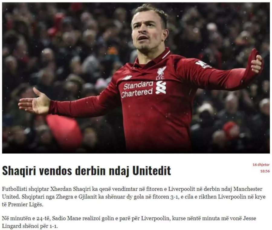 Das kosovarische Blatt «Epoka e Re» schreibt, dass der Albaner Shaqiri das Derby gegen United entschieden hat.