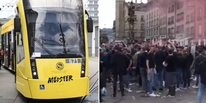 Links: Das Meistertram von YB. Rechts: Fans von Feyenoord Rotterdam nach Ausschreitungen am Kornhausplatz in Bern. YB Tram Feyenoord Rotterdam