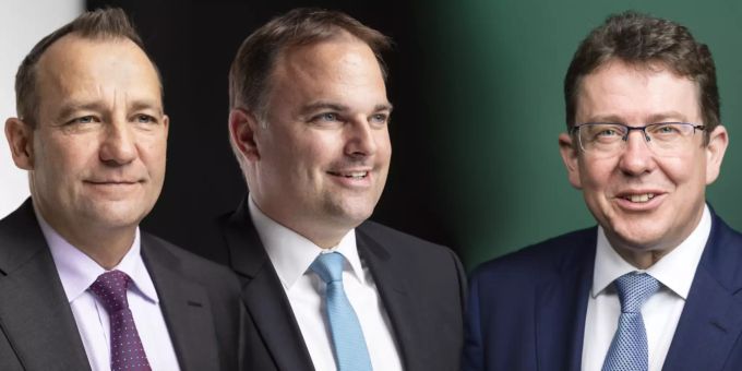 Die SVP-Nationalräte Thomas Matter, Marcel Dettling und Albert Rösti (v.l.). svp