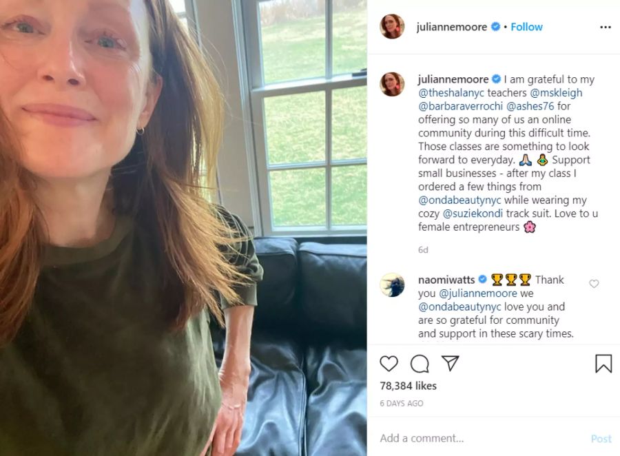 «More ist more» gilt bei Julianne Moore nicht unbedingt. In der Corona-Isolation braucht der «Der Himmel so fern»-Star sich nicht unnötig zu schminken.