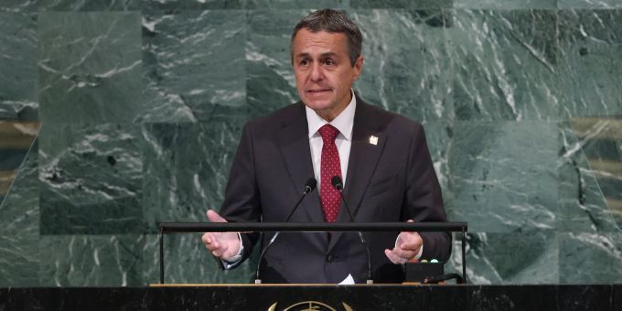 Der Schweizer Bundespräsident Ignazio Cassis hält seine Rede während der 77. Generaldebatte in der Halle der Generalversammlung am Sitz der Vereinten Nationen in New York, New York, USA, 20. September 2022. ignazio cassis