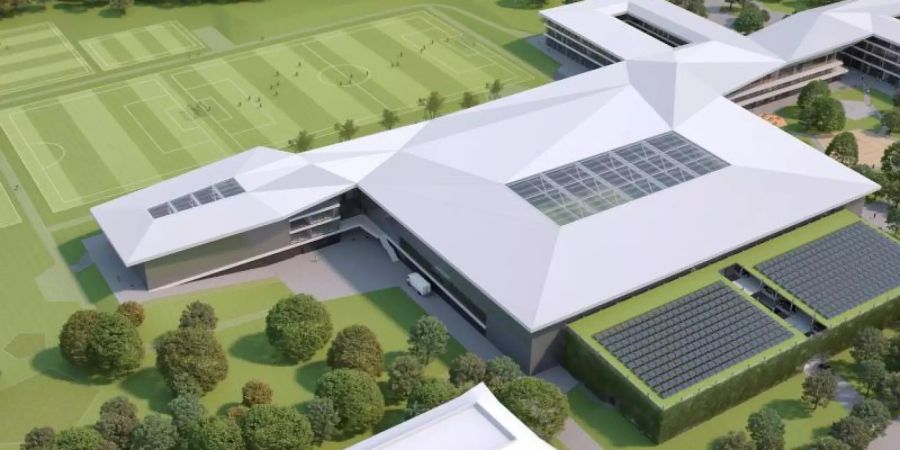 Soll zentrales Quartier der deutschen Nationalteams werden: Die DFB-Akademie in Frankfurt/Main. Foto: kadawittfeldarchitektur/DFB/dpa