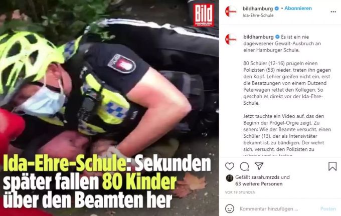 Ein Video zeigt, wie ein Polizist einen jungen Schüler zu bändigen. Was die Aufnahmen nicht zeigen: Der Beamte wurde anschliessend von rund 80 Schülern angegriffen. Polizei Deutschland