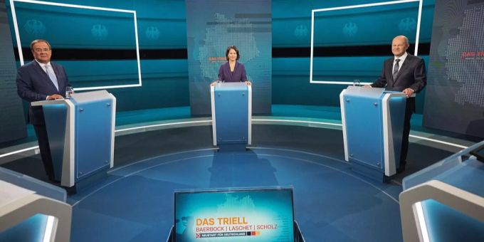 Armin Laschet (CDU), Annalena Baerbock (Grüne) und Olaf Scholz (SPD) im TV-Triell auf RTL. Bundestagswahl