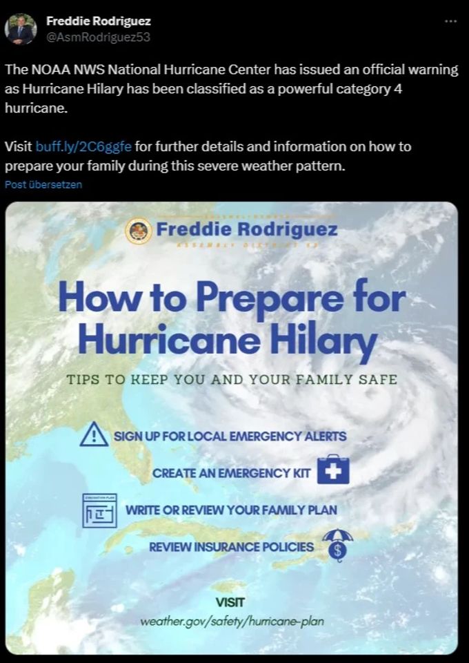 Offizielle stellen appellieren, sich auf die Ankunft von Hurrikan Hilary vorzubereiten. Hurrikan Hilary Warnung Vorbereitung
