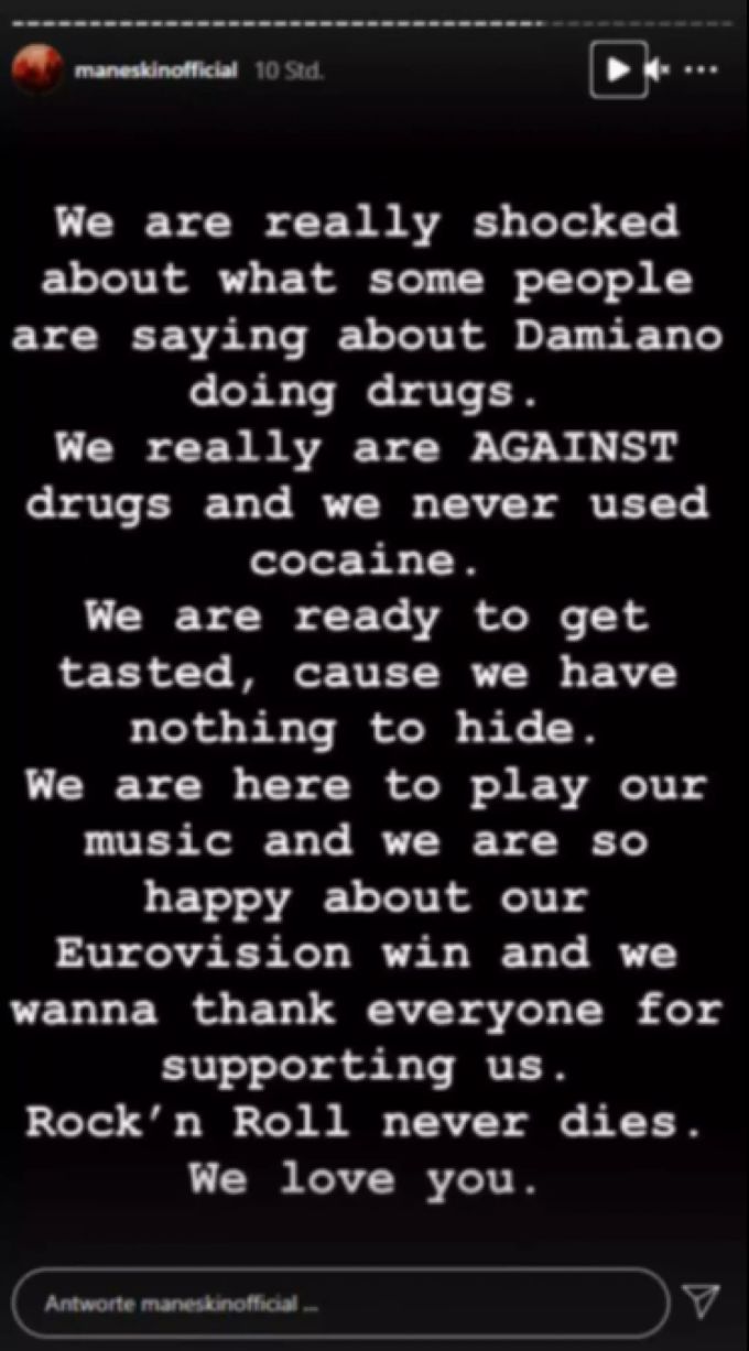 Das Statement der italienischen Band «Måneskin», nachdem Drogenkonsum-Gerüchte um Sänger Damiano David beim Eurovision Song Contest entstanden. ESC Iatlien