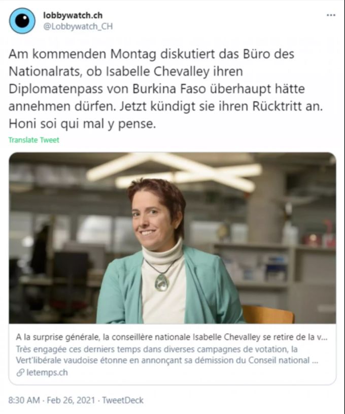 Lobbywatch findet es interessant, dass Isabelle Chevalley ihre Rücktritt bekannt gibt, wird ihr Diplomaten-Pass doch am Montag unter die Lupe genommen. Isabelle Chevalley Lobbywatch