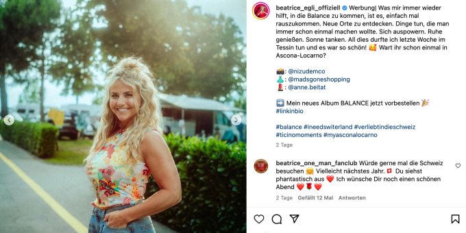 Beatrice Egli teilt Urlaubsbilder auf Instagram