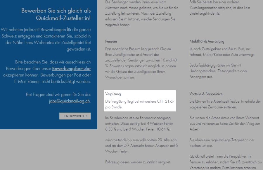 So einfach wie es auf der Website des Zusteller-Unternehmens Quickmail AG dargestellt wird, ist es nicht. Der Mindestlohn wirkt angesichts der Realität eher theoretisch.