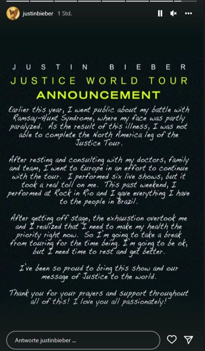 Justin Bieber informiert auf Instagram seine Fans über das Tournee-Aus. bieber