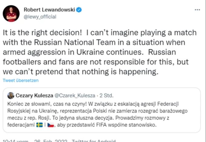 Polen-Star Robert Lewandowski begrüsst den Entscheid des polnischen Fussballverbdandes. Robert Lewandowski Ukraine Konflikt
