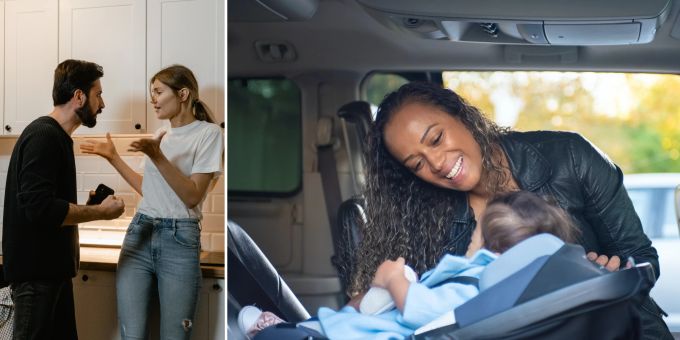 Ein Vater macht seine Frau darauf aufmerksam, wie gefährlich es ist, sein Kind alleine im Auto zu lassen (Symbolbild). Baby