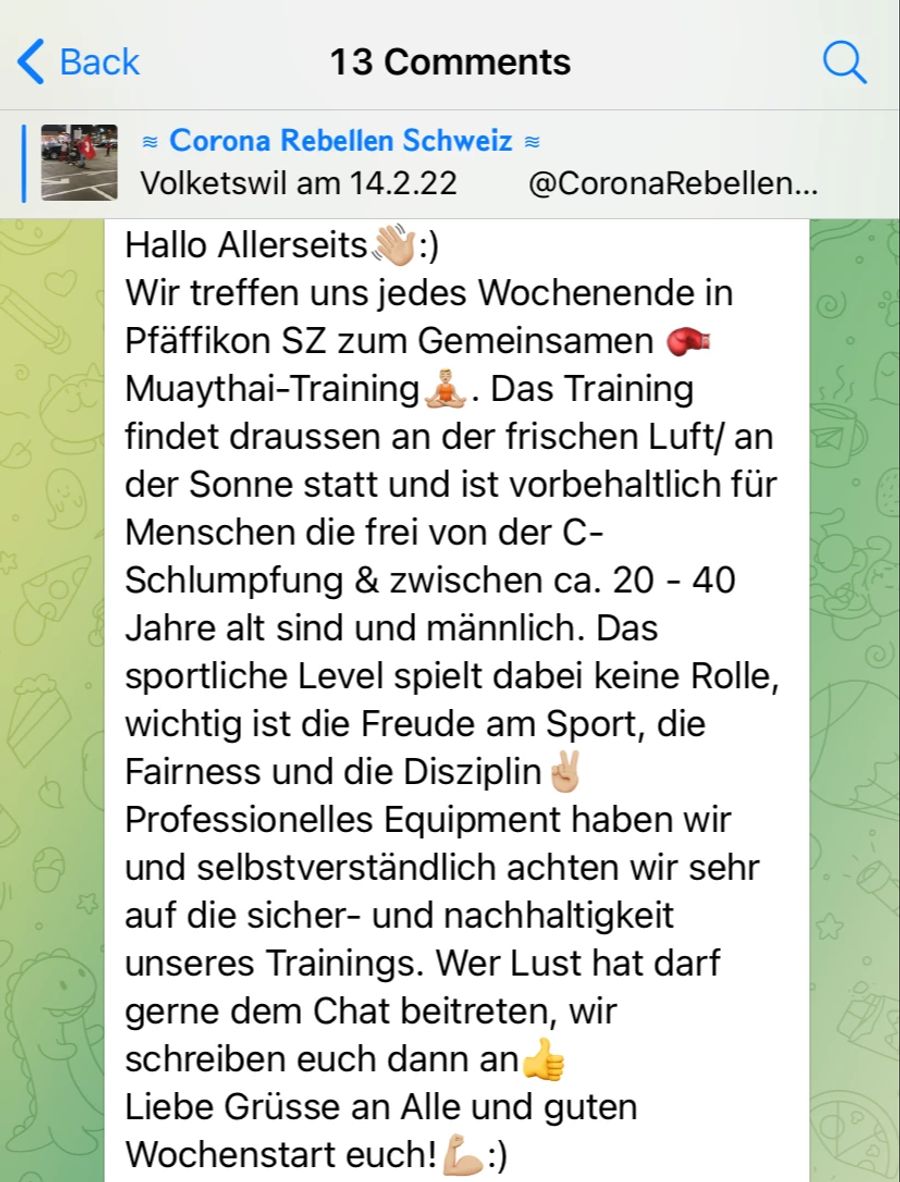 Gegner der Massnahmen zur Bekämpfung des Coronavirus rufen auf Telegram zum gemeinsamen Kampfsport-Training auf.