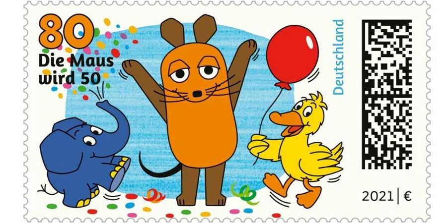 Die Briefmarke «Sendung mit der Maus» mit der Maus, dem Elefanten und der Ente im Nennwert von 80 Euro-Cent. Foto: I. Schmitt-Menzell/WDR mediagroup GmbH/dpa