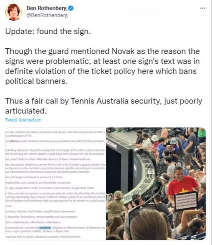 Tennis-Experte Ben Rothenberg hält den Rauswurf des Schild-Fans von Novak Djokovic für gerechtfertigt. Novak Djokovic Schild Melbourne