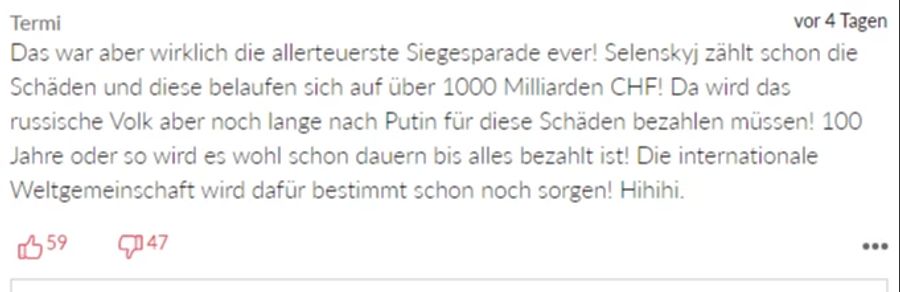 «Termi» glaubt, dass es wegen des von Russland begonnenen Krieges die teuerste Parade aller Zeiten sei.