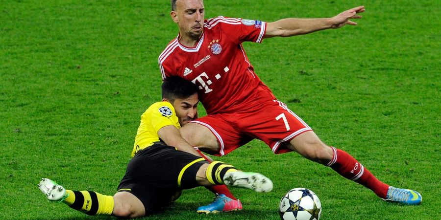 Bundesliga-Duell in London: 2013 treffen Franck Ribery (r) mit dem FC Bayern München auf Ilkay Gündogan und den BVB.