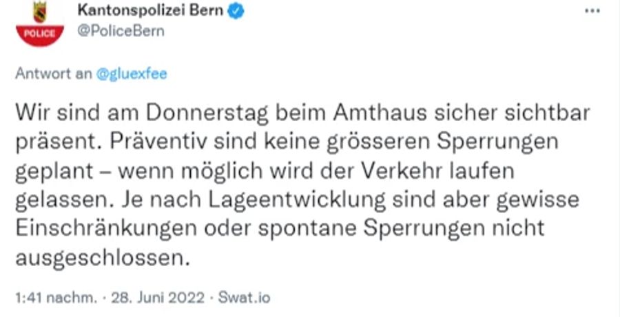 Auf Twitter informiert die Kantonspolizei Bern über die Sicherheitsvorkehrungen am Tag der Urteilsverkündung.