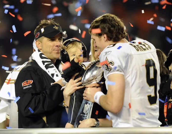 Head Coach Sean Payton (l.) und Quarterback Drew Brees (r.) nach dem Super-Bowl-Triumph. Sean Payton Coronavirus