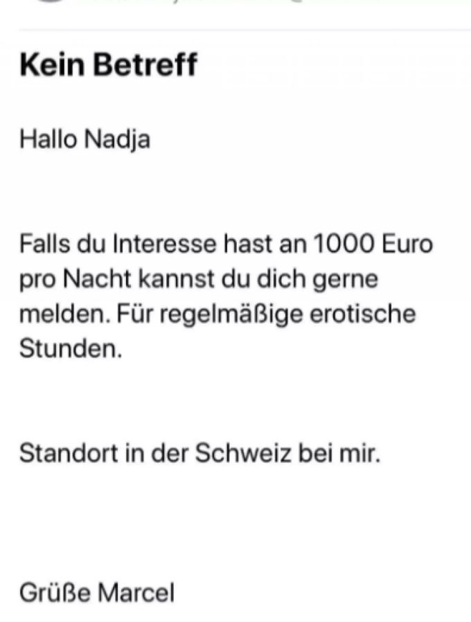 Diese bereits wieder gelöschte Nachricht erhielt Naddel von einem gewissen Marcel aus der Schweiz. Naddel