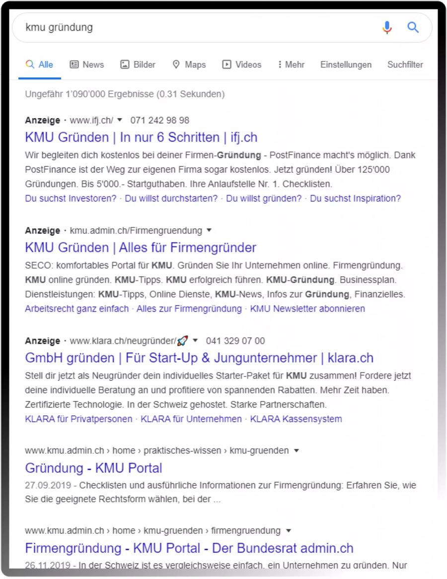 Google Suche KMU Gründung