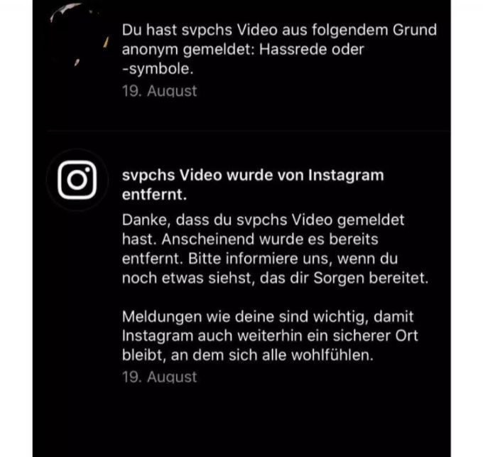 Das Video der SVP wurde auf Instagram gelöscht. SVP Video gelöscht
