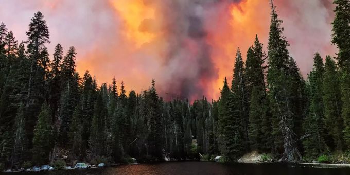 Vom Waldbrand steigt Rauch in den Himmel. waldbrand