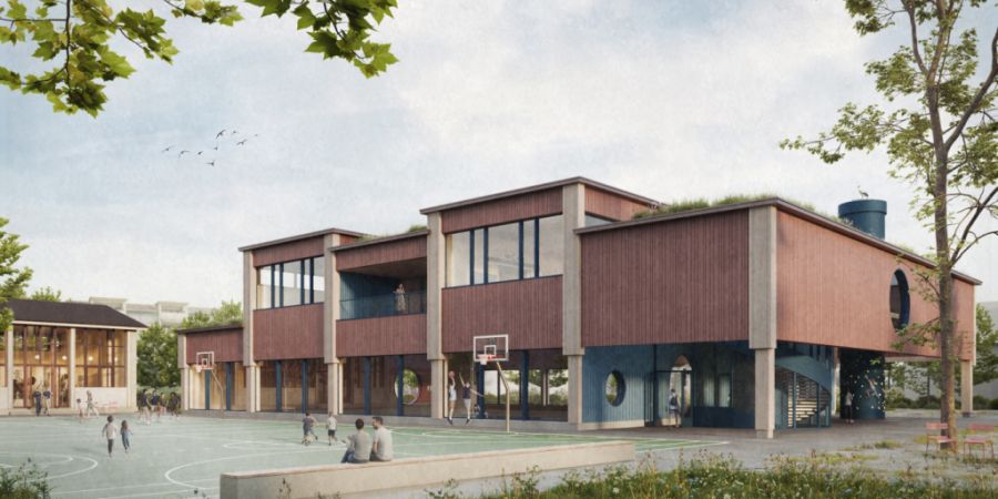 So soll die neue Nebiker Doppelturnhalle mit zusätzlichen Schulräumen dereinst aussehen. (Visualisierung)