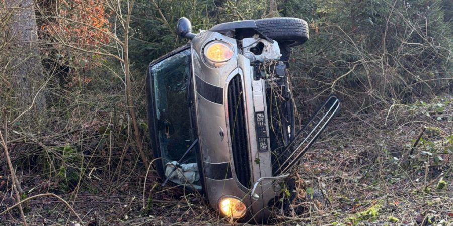 Das Auto kam im Wald auf der Seite liegend zum Stillstand.