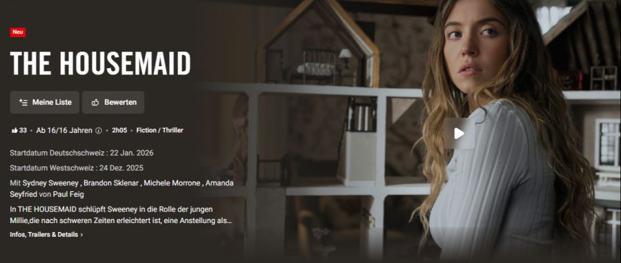 Der Film «The Housemaid» startete in der Westschweiz bereits am 24. Dezember 2025, in der Deutschschweiz läuft der Film erst ab dem 22. Januar.