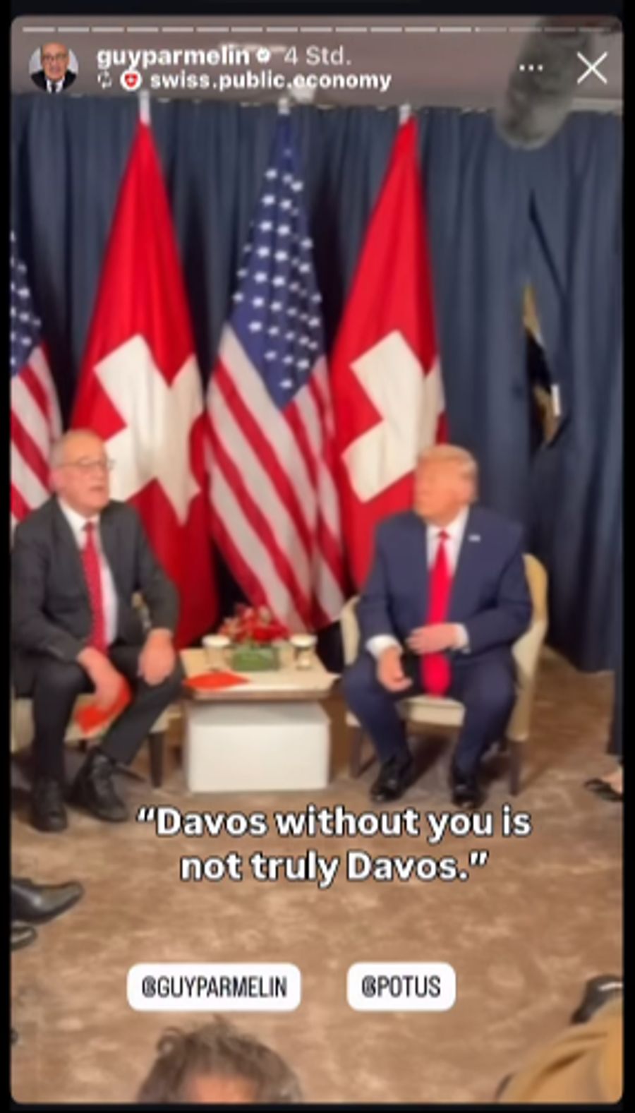 Cédric Wermuth postete dazu ein Video, in dem Guy Parmelin Trump rühmt: «Ohne Sie ist Davos nicht wirklich Davos.»