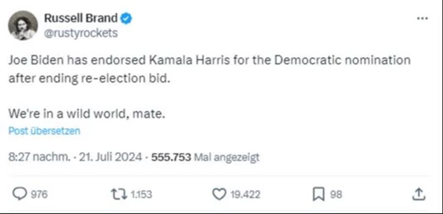 Komiker Russel Brand steht der Empfehlung von Kamala Harris kritisch gegenüber.