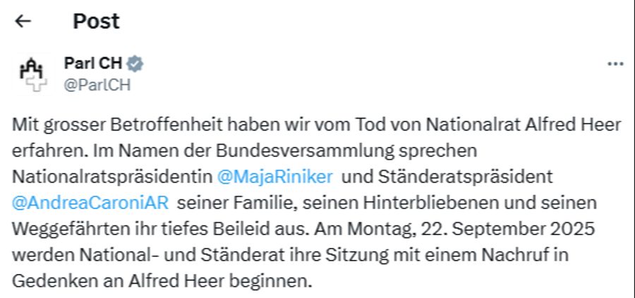 Nationalratspräsidentin Maja Riniker und Ständeratspräsident Andrea Caroni äusserten sich in einem gemeinsamen Post zum Tod von Alfred Heer.